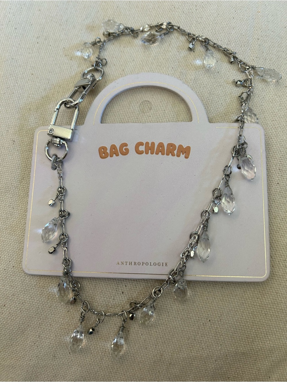 Anthropologie Silver Crystal Drop Bag Charm - Clear, NWT